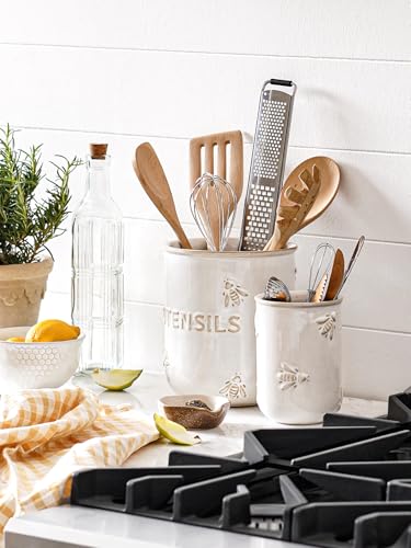 LE-TAUCI-Kitchen-Utensil-Holder-Set-of-2-6953-Large-Ceramic-Cooking-Utensil-Crock-Organizer-for-Spatula-Spoon-Whisk-Farmhouse-Countertop-Storage-Arctic-White-Embossed-Bee