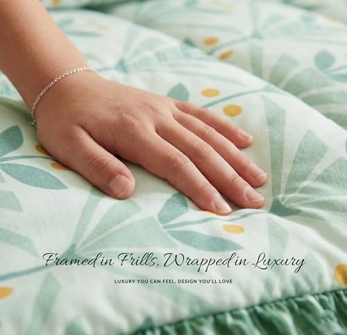 Image of SANMARINO Premium Cotton Double Bed 4 Piece Bedding Set with Frill Border | Comforter with Matching Bedsheet and Pillow | Ultra Soft & Lightweight Quilted Comforter Set |228x228 cm,Mint Meadow Green