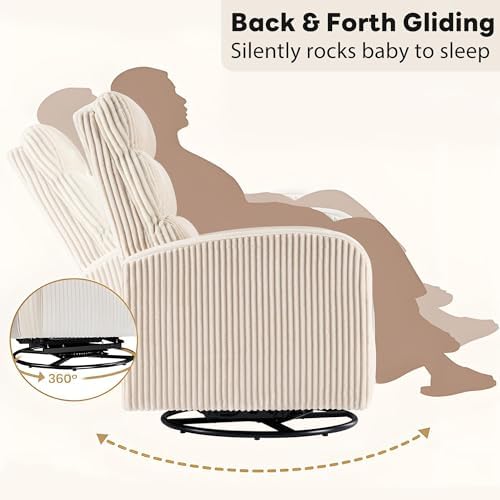 Image of Swivel Rocker Chair, 360Swivel Rocker Chairs with High Back Arms, Rocking Lazy Boy Chairs, Upholstered Swivels Corduroy Glider for Living Room, Bedroom, Nursing, Beige