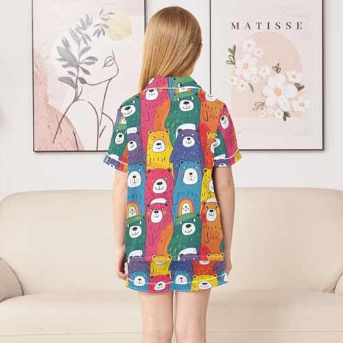 ALAZA Bear Colorful Cartoon Pajamas Satin Pajama Set Short Sleeve Button Down Sleepwear4