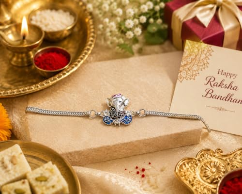 Image of Silver Rakhi /Bracelet /Rakhi set /Silver Rakhi for bhai /brother /bracelet with velvet gift box(1076)