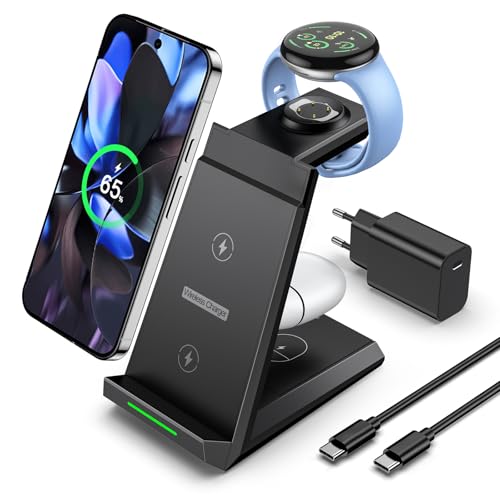 NANAMI induktive Ladestation für Google Pixel Watch 3/2/Fitbit Versa 4/3 3 in 1 Wireless Charger für Google Pixel 10/10 Pro/9/9a/8/7 induktionsladegerät für Pixel Buds Pro 2(Not for Pixel Watch 4/1)