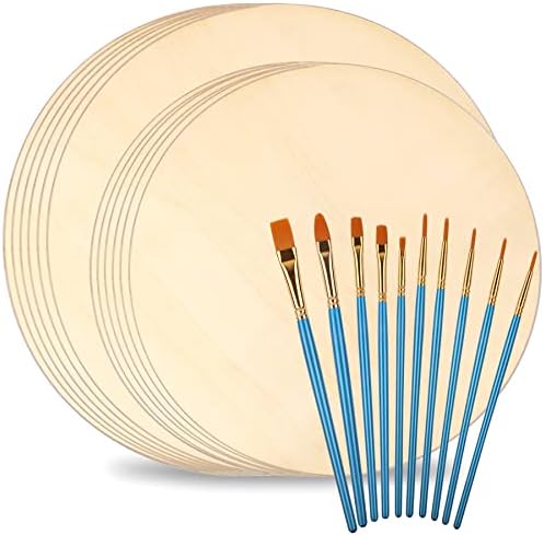 NOVWANG 12 Pcs 12 14 Inch Wood Circles for Crafts, 2 Assorted Size Unfinished Wood Rounds with 10pcs Brushes, Discs for Painting DIY Home Holiday Decor (6Pcs 12 Inches 6 Pcs 14 Inches)
