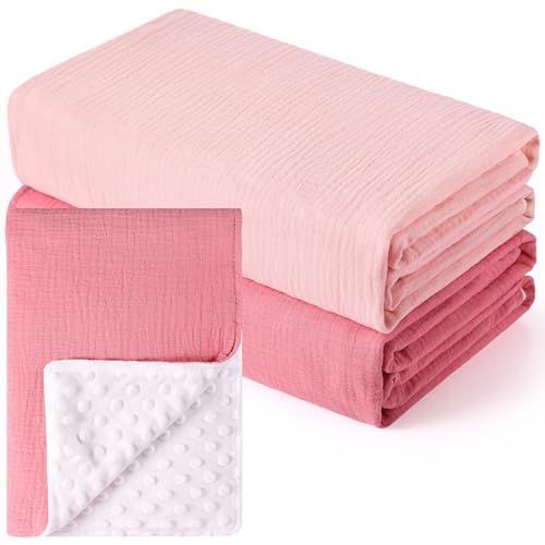 Image of Buryeah 2pcs 47x47'' Large Baby Plush Blanket for Boys Girls Soft Minky Blanket Double Layer Dotted Backing Breathable Nursery Muslin Swaddling Blanket Newborn Stroller Crib Bedding(Pink Series)