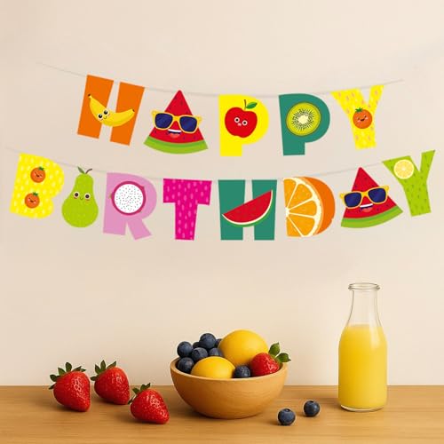 Image of Just Party Fruits Theme Happy Birthday Banner | Colourful Birthday Banner for Boys & Girls | Birthday Decoration Bunting Banner (Cardstock)