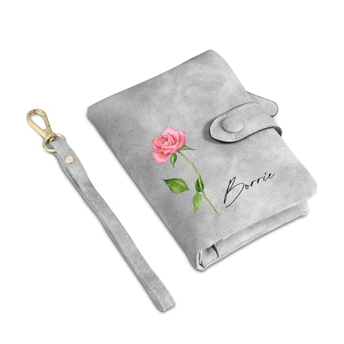 Presentimental Carteras de Cuero Personalizado para Mujer con Flor de cumpleaños Nombre Monedero Billetera Regalo para Mujer Mamá Día de la Madre Navidad (Gris)