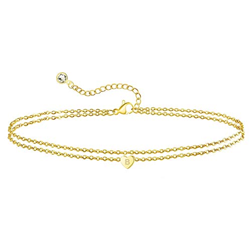 Gold Heart Initial Ankle Bracelet for Women Layered Beach Anklet Initial Bracelet Initial Heart Ankle Bracelets for Women Beach Jewelry Gift (B)