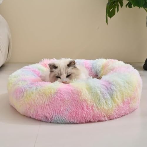Image of ZEXSAZONE Summer Small Cat Bed Donut Shape for Kittens & Small Dogs | Soft Plush Washable Puppy Bed |Raised Sides for Head & Neck Support | Reversible 2-in-1 Pet Cushion Rainbow