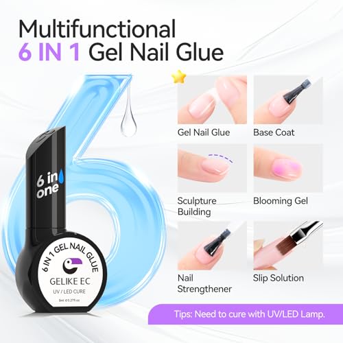 Gelike ec Nagelkleber Für Kunstnägel: 6 IN 1 Extra Stark Nail Glue for Kunstnägel Press on Nails Fingernägel Soft Nageltips,Brauchen Ausharten Unter UV Nagellampe 8ml