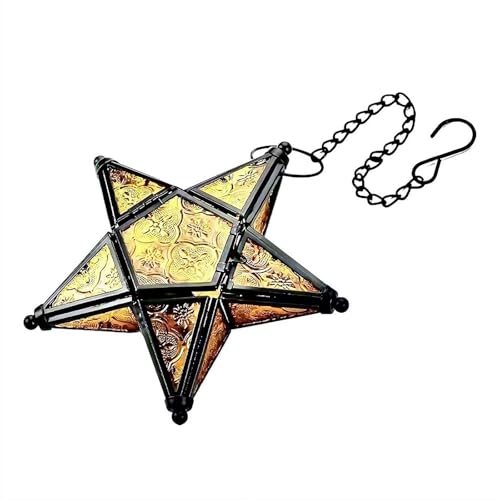 Moroccan Star Lantern Hanging Ornaments Star Shaped Glass Tea Lights Candle Holder Decoravtive Lantern Colorful Window Hangings Home Living Room Bedroom Patio Balcony Garden Decoration (Yellow)