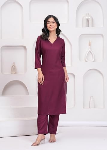 Image of ANILINE Women's Rayon Solid plain v neck kurta Trouser /Pant set