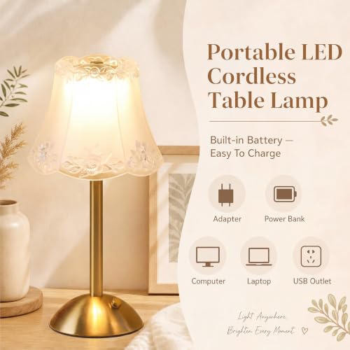 Image of Liliful 2 Pcs Cordless Table Lamp LED Touch, Gold, Floral Lace Style