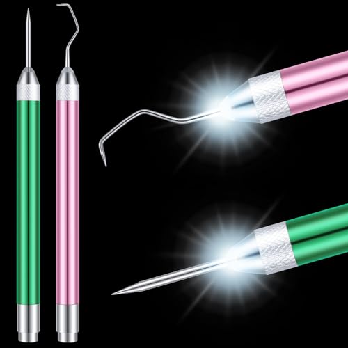 Therwen 2 Pcs LED Weeding Tools for Vinyl with Light Pin Hook Lighted Weeding Pen for Removing Iron on Tiny Vinyl Paper Silhouette Cutting Machines Supply(Pink Green)