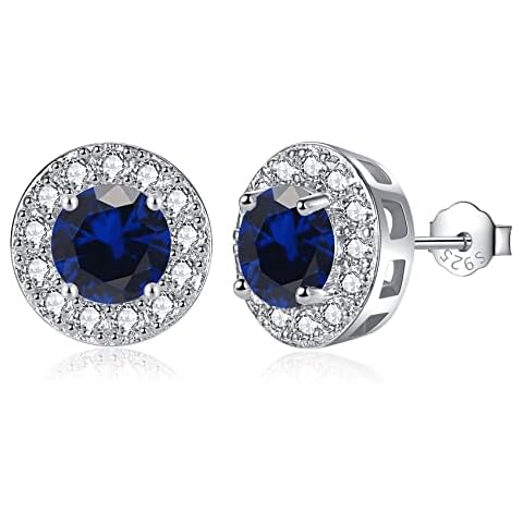 Silver Earrings for Women - Sterling Silver Earrings Diamond Stud Earrings, Round Cubic Zirconia Earrings | Dainty Bridal Diamante Halo Earrings Jewelry for Brides Bridesmaids Wedding, Sapphire Blue Cover