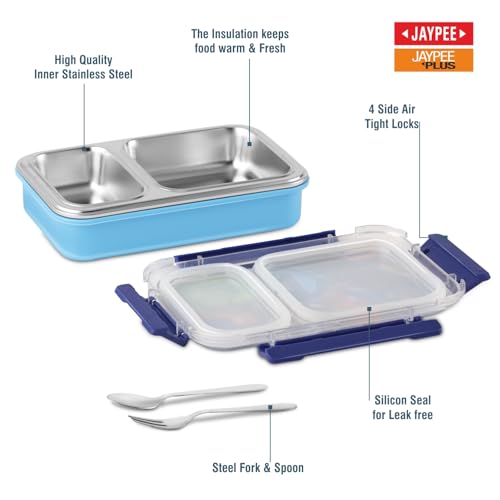 Image of JAYPEE Toon Box 2 Marvel Series Power Heroes Inner Stainless Steel Insulated Lunch Box for School Kids |Airtight Leakproof Tiffin Box with 2 Additional Lock |Food Grade|BPA Free, 545 ml, Sky Blue