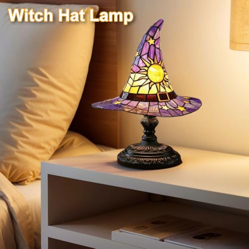 Image of Witch Hat Lamps, Handcrafted Stained Glass Resin Wizard Hat Light Gothic Table Lamp for Halloween Decor, Spooky Night Light for Bedroom and Indoor Parties, Unique Wiccan Gift