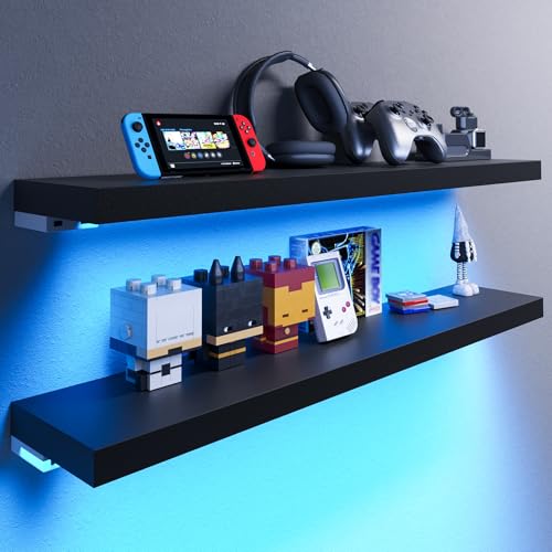 Bameos Rgb Led Floating Shelves For Wall, 35' Wall Mounted Wooden Shelves With Invisible Brackets, Set Of 2, Hanging Wall Shelves For Bedroom, Living Room, Kitchen, Study(Black)