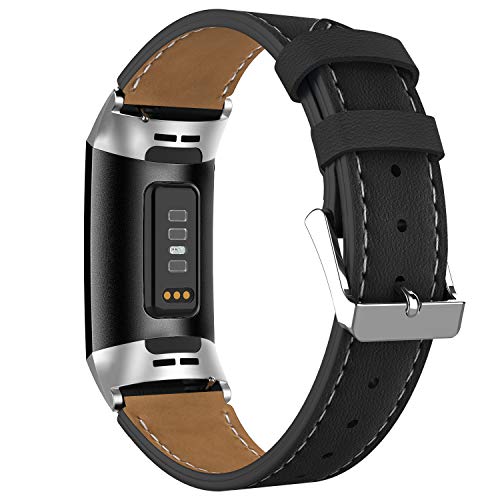 Adepoy Compatible para Fitbit Charge 3 / Charge 4 Correa de Cuero, Cuero Genuino clásico Ajustable Sport Fitness Pulsera para Hombres Mujeres