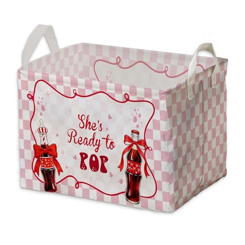 Image of Shes Ready To Pop Baby Shower Decorations,Pink Storage Baskets,Ready To Pop Nursery Decor,Large Square Canvas Laundry Hamper With A Waterproof PE Coating,Foldable Kids Toy Clothes Bins for Bedroom