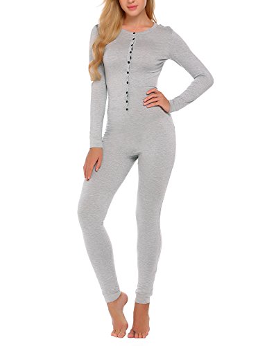 Ekouaer Womens Long Sleeve Onesie Union Suit Thermal Underwear Set Sleepwear Pajama Jumpsuit Union S-XXL Grey