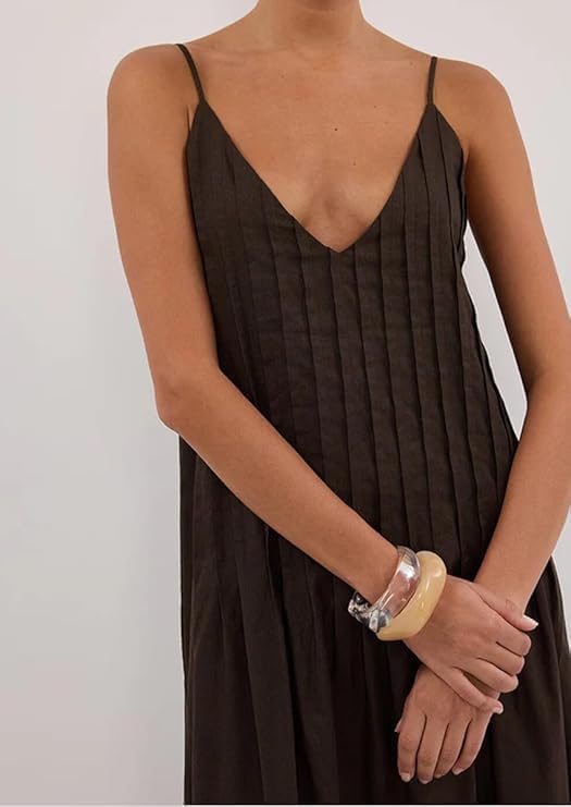 Women Summer Dresses Pleated Maxi Dresss Sleeveless Spaghetti Strap V Neck Beach Vacation Long Flowy Sundress - Image 7