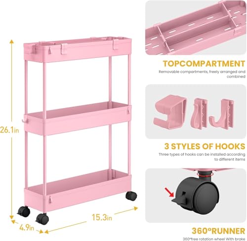 Image of SPACELEAD 2-piece Set Slim Storage Cart 3 Tier,Bathroom Organizer Rolling Utility,Mobile Shelving Unit Slide Out for Office, Kitchen, Laundry Room & Narrow Places