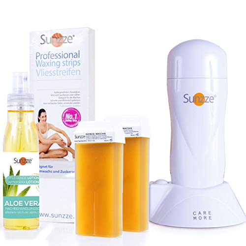Sunzze Roll-On Wachserhitzer Kit mit 2xWachspatronen, Vliesstreifen und After Wax Lotion, für die Enthaarung/Waxing im Achsel, Bein und Armebereich