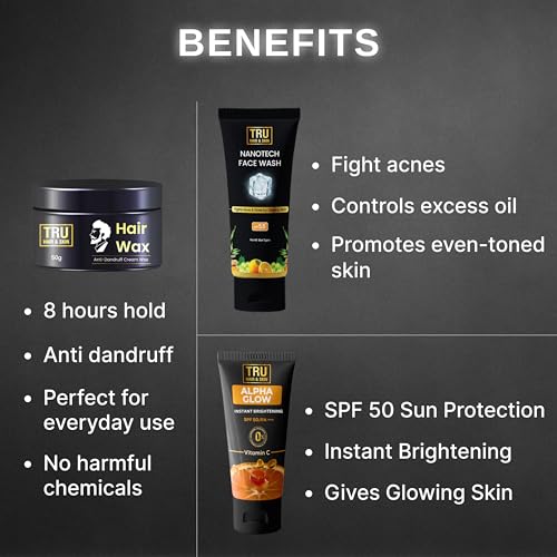 TRU HAIR Nanotechnology Facewash 50ml + Alpha Glow Instant Brightening Cream 25ml + Hair Wax Cream 50gm- COMBO