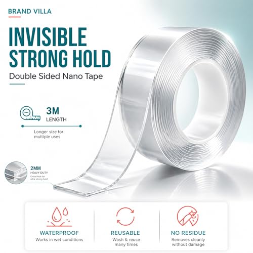 Image of BRAND VILLA Nano Tape Double Sided Adhesive, 2mm Thick 3 Meter Long, Heavy Duty Reusable Washable Gel Grip Tape, Strong Transparent Traceless Mounting Tape for Wall, Kitchen, Home & Office