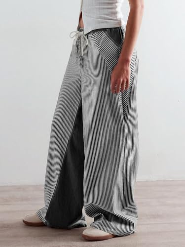 Franhais Striped Jeans for Women Trendy Drawstring Low Rise Baggy Jeans Y2K Straight Wide Leg Boyfriend Denim Pants Street2