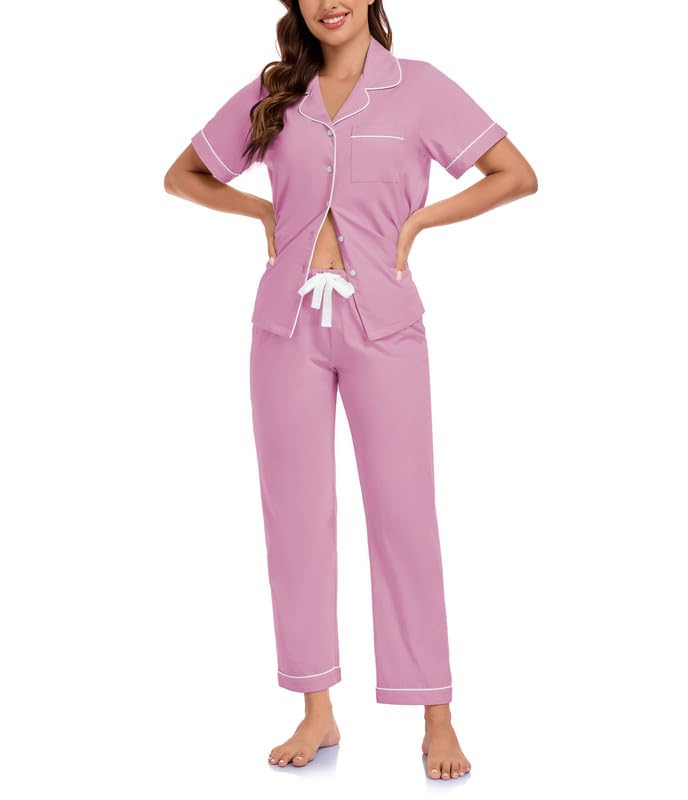 Image of CF 100% Cotton Pajamas for Women Set 2 Piece Short Sleeve Tops and Long Pants Comfy Well-Fitted Loungewear Set Pj Sets