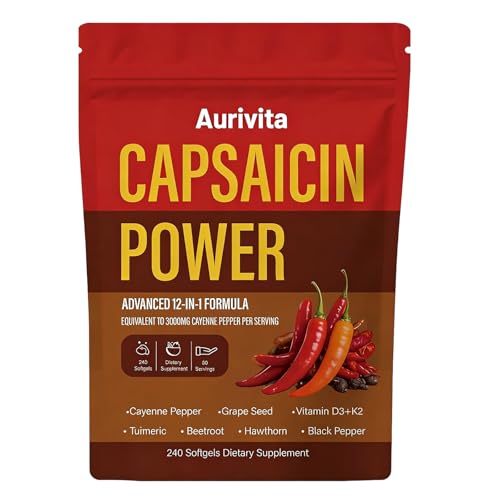 Capsaicin Softgels Capsaicin Supplements Cayenne Pepper Softgels Capsules Capsaicins Powder with Vitamin D3 + K2 Beetroot Grape Seed and Other Extracts 240 Capsules (1 pcs)