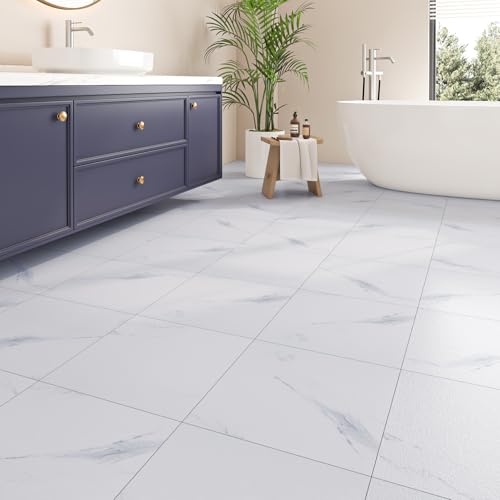 ReWallpaper 15 Baldosas Blanco Azulejos Adhesivos Suelo Marmol Moderno Piso Adhesivo PVC para Hogar Dormitorio Pasillo 30cmx30cm Vinilo Autoadhesivo Impermeable Suelo Cocina Imitacion Marmol