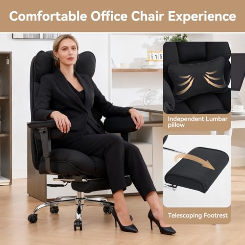 Image of Efomao Executive Office Chair, Mesh Black Fabric Big and Tall Desk Chair | Breathable fabric, pocket spring & foam seat, retractable footrest, 135 recline for computer gaming setup