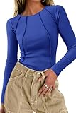 KIRUNDO Ribbed Long Sleeve Tops for Women Stretch Slim Basic Crop Tee Exposed Seams 2025 Spring Fall Fashion Trendy Tshirt(Blue, Small)