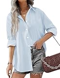 ★【Design】:V-Ausschintt Blusen mit überschnittene Schultern, einer Falten am Rücken, einer Brusttasche vorne, einem abgerundeten High-Low-Saum.Die lockerere Passform des lässigen Blusenshirts sorgt für ein Boyfriend-Chic-Style,was kann einzeln oder offen als lockere Hemdjacke getragen werden.