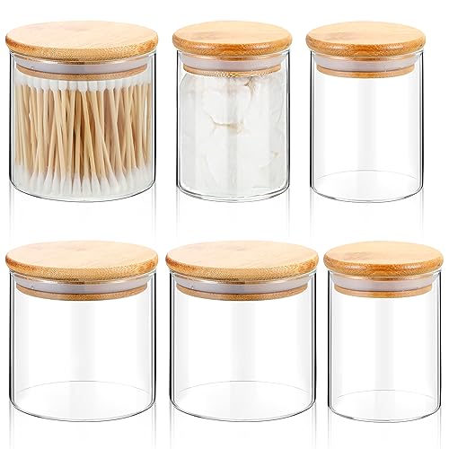 Dandat 6 Pack Glass Apothecary Jars with Lids Bamboo Bathroom Jars Cotton Ball Pad Round Swab Holder Dispenser Vanity Canisters for Countertop Storage Hair Ties Floss Organizer, 8.5 oz and 10.8 oz