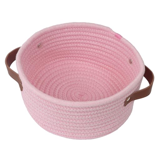Image of Small Woven Basket, Cute Mini Cotton Rope Storage Basket with leather handle, Tiny Decorative Round Storage Bin, Boho Empty Gift Baskets for Organizing, Toy Organizer for Nursery (Pink)