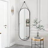 HARRITPURE 16"x48" Oval Hanging Mirror with Leather Strap Full Length Mirror Aluminum Frame Wall-Mou