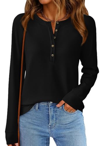 Image of PRETTYGARDEN Women's Long Sleeve Waffle Knit Henley Shirts Loose Tunic Tops