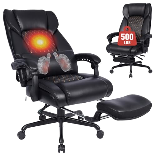 EGSEAT 3D Kneading Massage Office Chair with Heat, 500 lbs Big and Tall Executive Computer Desk Recliner, Leather Electric Heated Office Chairs with Massage & Footrest, Black