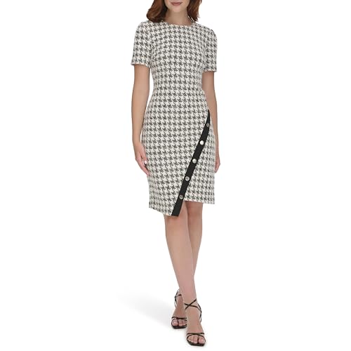 Image of Tommy Hilfiger Women's Short Sleeve Jewel Neck Colorblock Studded Asymmetrical Hem Crepe Mini Dress
