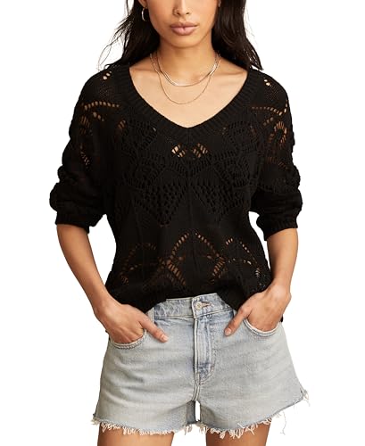Lucky Brand Women's Pointelle V Neck Pullover, Dark Black