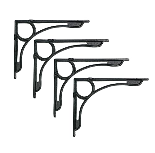 NACH Decorative Shelf Brackets, 4 Pack of 7.5 x 9.5 x 1.5 inch, Black Cast Iron Wall Shelf Brackets - Metal Corbels for Shelves - Rounded Angle Brackets