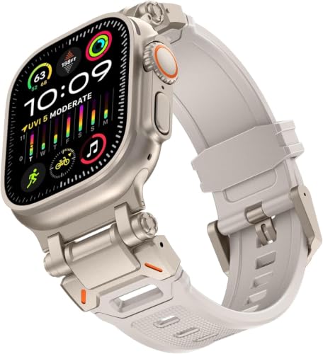 Image of MOROFY Durable Armor Silicone Band Compatible with Apple Watch Ultra 3 /2 /1 49mm Strap 46mm 45mm 44mm with Metal Connector Band for iwatch Series 11 10 9 8 7 SE2 6 5 4 - Starlight