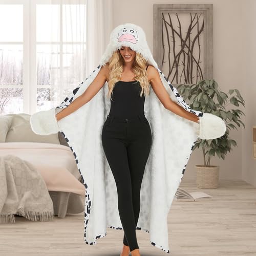 Cobertor com capuz de vaca para mulheres - Cobertor fofo com capuz de flanela vestível de vaca para