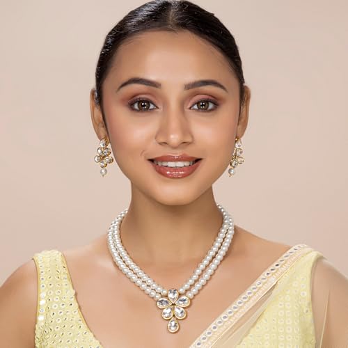 Image of Peora Crystal Faux Pearl Kundan Necklace & Jewellery Set Gift for Women