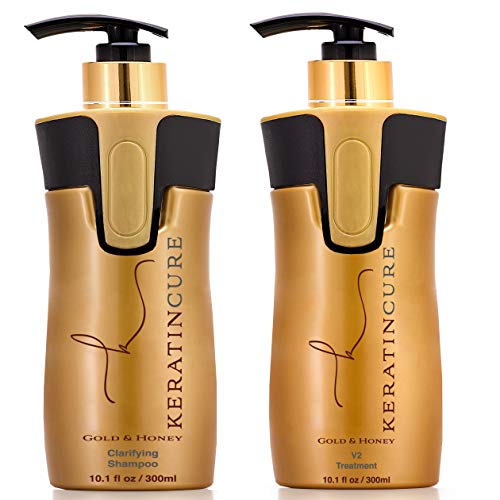 Keratin Cure Brazilian Complex Blow Out Hair Treatment V2 Creme Brazilian Hair Treatment 2 Piece Pro kit #1 Clarifying Shampoo # 2 Gold & Honey Wash the Same Day (300ML/10)