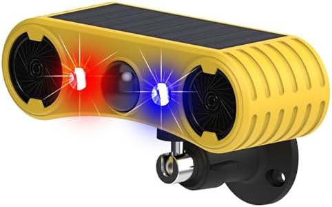 HULPPRE Solar Outdoor Motion Sensor Alarm-13 Sounds Including Dog Barking&Gunshot,2 * 130db Loud Noise Maker,4 Modes,Red&Blue Motion Activated Strobe Light,Say Goodbye to The Intruders