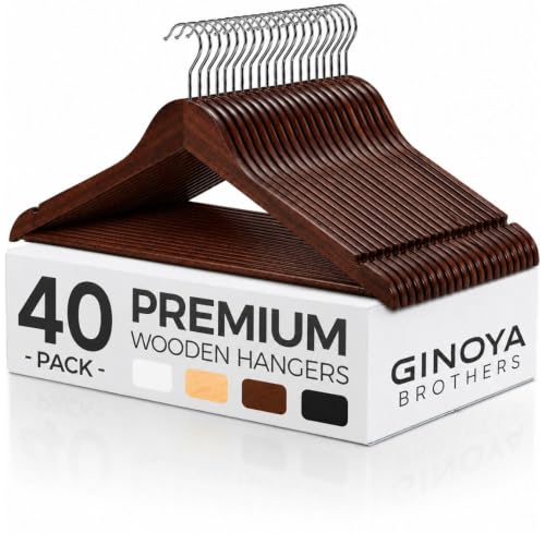 Image of GINOYA BROTHERS Walnut Wooden Suit Hangers 24 Pack with Non Slip Pants Bar - Smooth Finish Solid Wood Coat Hanger for Camisole, Jacket, Pant, Dress Clothes Hangers (Walnut: 40)